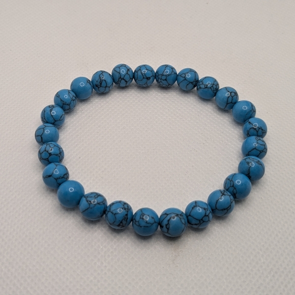 Blue Howlite Beaded Bracelet & Black Leather Stainless Steel Magnetic Clasp Set - Picture 7 of 10